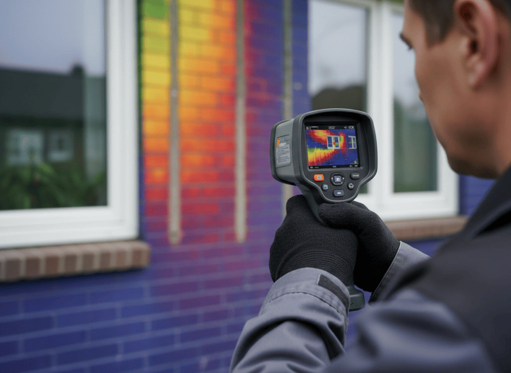 Thermal infrared camera view of a house wall showing heat signatures in orange and blue, held by an inspector, technical professional mood