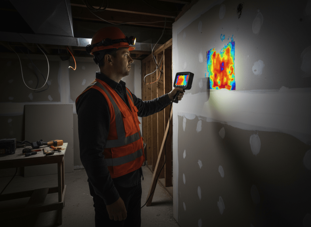 A home inspector in an orange safety vest using a thermal imaging camera in a dark interior space
