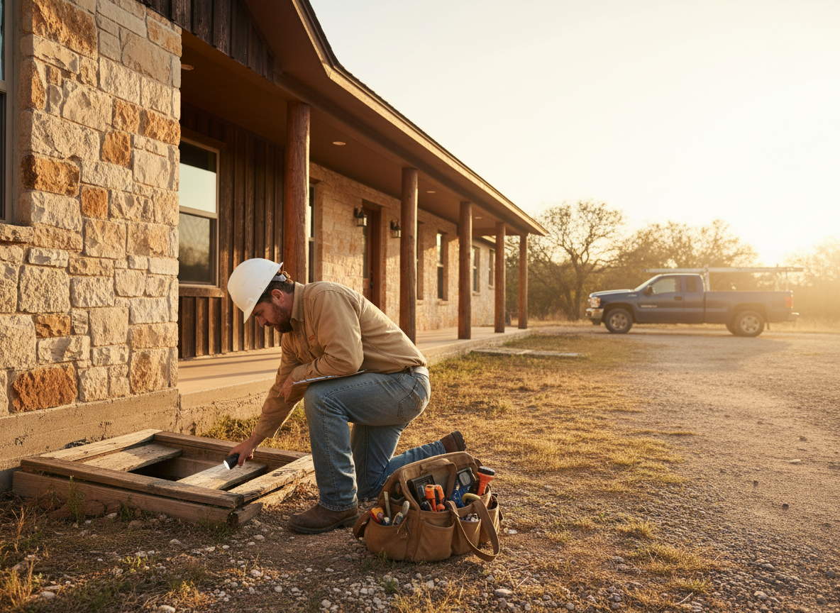 A rugged, warm Texas home inspection scene at golden hour. A weathered but professional male inspector in a tan work shirt and hard hat kneeling on the ground beside a stone-and-wood ranch-style house, carefully inspecting the crawl space access panel near the foundation with a flashlight. He has a clipboard resting on his knee and a tool bag beside him. The same stone-and-wood ranch-style house with covered porch and wooden columns visible in the background. A work truck parked in the dusty driveway. Warm earthy tones, dusty browns, tans, muted terracotta, natural sunlight streaming from the right. Cinematic, dependable, grounded craftsmanship mood. Bright warm daylight, not dark. Wide landscape composition.