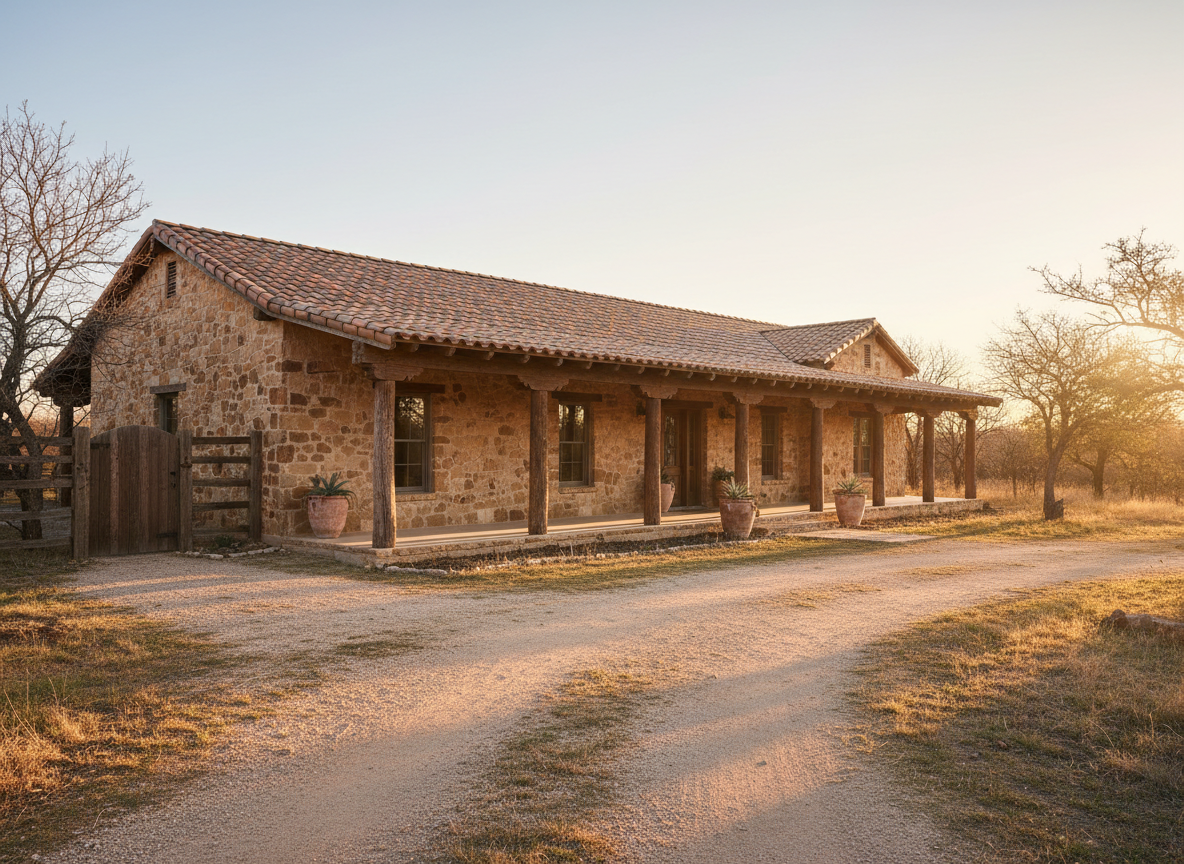 A warm golden hour exterior photo of a stone-and-wood Texas ranch-style house, matching the style of the hero image. The same style of home: stone facade with wood accents, covered front porch with wooden columns, dusty driveway, warm earthy tones — dusty browns, tans, muted terracotta. Natural sunlight streaming from the right side. Cinematic, inviting, residential feel. No people in the shot. Wide landscape composition, 16:9.