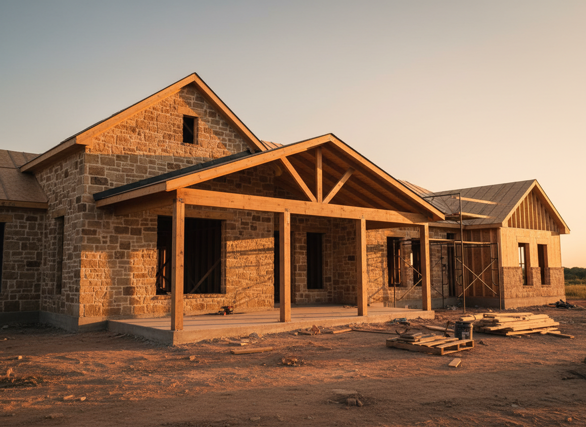 A Texas ranch-style house under construction at golden hour. Same stone-and-wood style as the hero image — stone facade, wooden framing visible, covered porch structure being built. Scaffolding along one side, exposed wood framing on a partially completed section, construction materials and lumber stacked nearby. A concrete foundation pad visible. Warm earthy tones — dusty browns, tans, muted terracotta. Natural sunlight streaming from the right. Cinematic, grounded mood. No people. Wide landscape 16:9 composition.